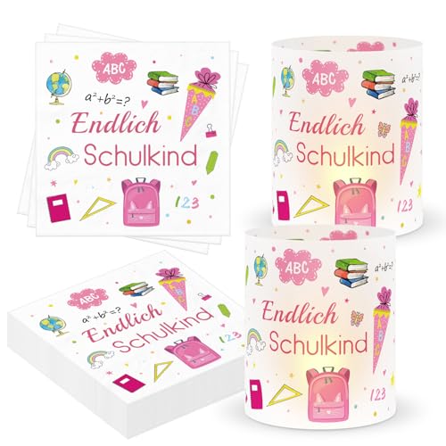 30 Stück Servietten Einschulung + 10 Stück Windlicht Tischdeko Einschulung, Servietten Schulanfang Mädchen Junge Deko Einschulung Tisch, Servietten Endlich Schulkind Tischdeko Schulanfang (Rosa)