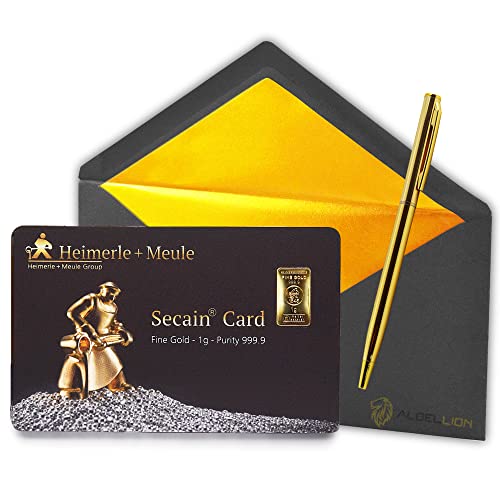 1g Gold-Barren Gold-Plättchen in Secain Card, 999.9 Feingold LBMA zertifiziert, Echtheitsgarantie + Albellion® Kugelschreiber gratis