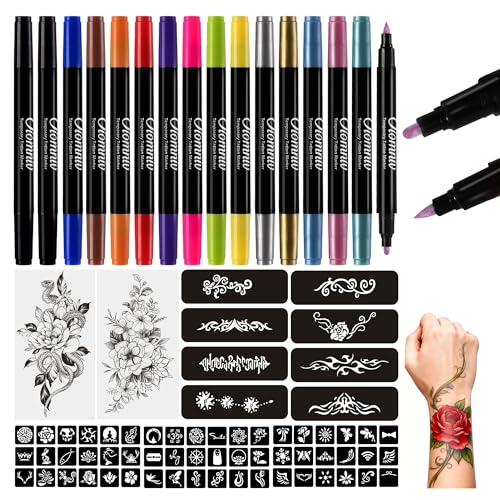 Oiomniv Tattoo Stifte Kinder, 15 Stück Glitzer Tattoo Set Dual-End mit 62 Tattoo Schablonen 2 Temporäre Tattoos, Tattoos Mädchen für Kinder Erwachsene, Hautfreundlich, Mädchen Geschenk, Karneval