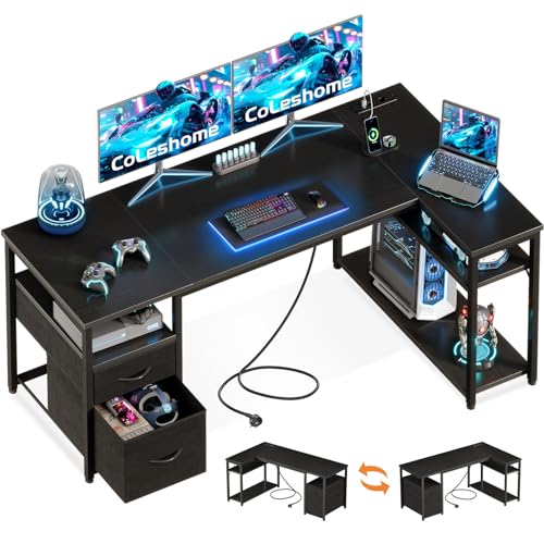 Coleshome Gaming Eckschreibtisch mit 2 Schubladen, 160×80 cm, Schwarz