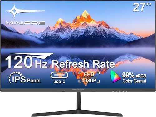 Minifire Monitor 27 Zoll Bildschirm im rahmenlosen Design, IPS, 120Hz, USB Tpye-C, FHD(1080P), sRGB110%, 300 Nits, FreeSync, Eye-Care, HDMI USB Type-C Anschlüsse, unterstützt VESA - Schwarz