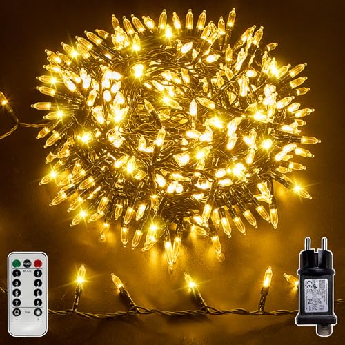 Soagrc Lichterkette Außen 25m 500 LED Warmweiß, IP44 Wasserdicht mit Timer Memory 8 Modi 4 Dimmer Grünem Kabel, Outdoor Lichterkette für Weihnachtsbeleuchtung Außen Garten Balkon Baum Deko