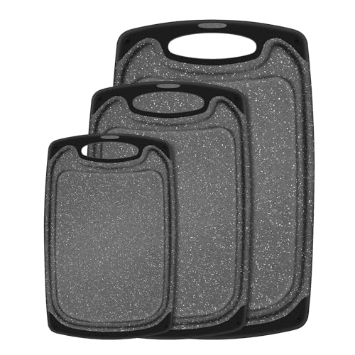 SHURFFY Schneidebrett Kunststoff, 3 Stücke Cutting Board mit Saftrillen und Rutschfeste Griffe küchenzubehör Schneidebrett Set, BPA-Free, Küchen Zubehör Küchen Gadgets Küchenhelfer