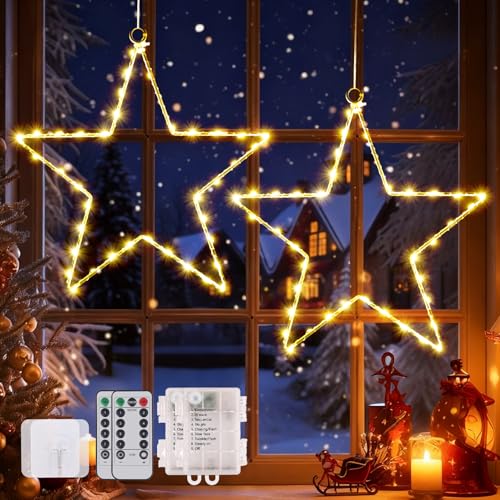 80 LED Weihnachtsdeko Fenster 8 Modi Weihnachtsdeko Fensterdeko Weihnachten mit Fernbedienung & Timer Warmweißen Batteriebetriebene Weihnachtsdeko Innen Stern Lichter für Fenster Beleuchtung 2 Stück