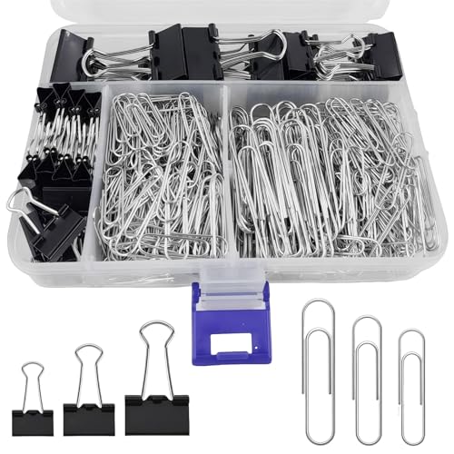 340 Stück Binderklammern und Büroklammern Set, 25mm/19mm/15mm Größen, Groß, Klein Foldback Binderklammern,50mm/33mm/28mm Büroklammern Büromaterial Metall-Büroklammern,Papierklammern für Schule Büro