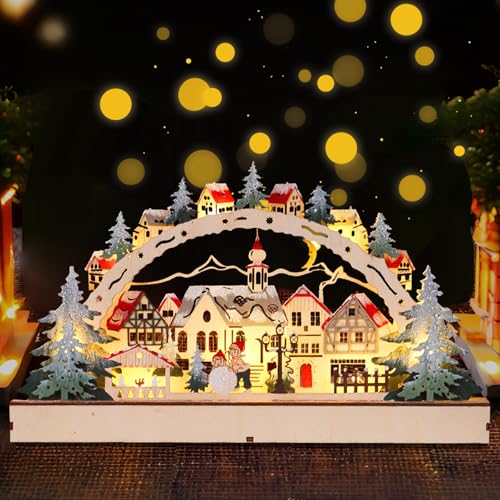 CHENBOOW Schwibbogen,Weihnachtsdorf mit Beleuchtung,LED Holz Schwibbogen,Weihnachtsdeko innen,LED Lichterbogen,Winterdorf Weihnachtlicher Zierschmuck,für Innen Fensterdeko Tischdeko