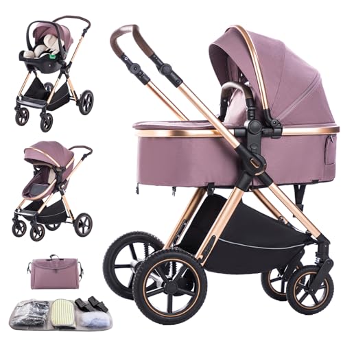 Shineey Kinderwagen 3 in 1, Alltags Buggy Faltbarer Kinderwagen Set, Kombikinderwagen 3 in 1 mit Großer Bequemer Babywanne, Laufwagen Rahmen Aluminiumlegierun (D2 Purple, H2-D)