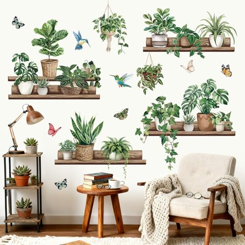 wondever Wandtattoo Grüne Pflanzen Wandaufkleber Blätter Topfpflanze Schmetterling Vogel Wandsticker Wanddeko für Schlafzimmer Wohnzimmer Flur Sofa Hintergrund