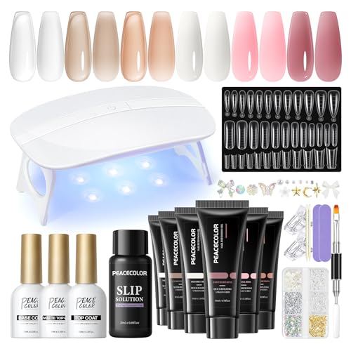 PEACECOLOR Poly Nagelset Gel für Anfänger, 6 Farben Weiß Rosa Braun Gel-Verlängerungsnagelset mit UV-Licht Slip-Lösung für Frauen zu Hause DIY