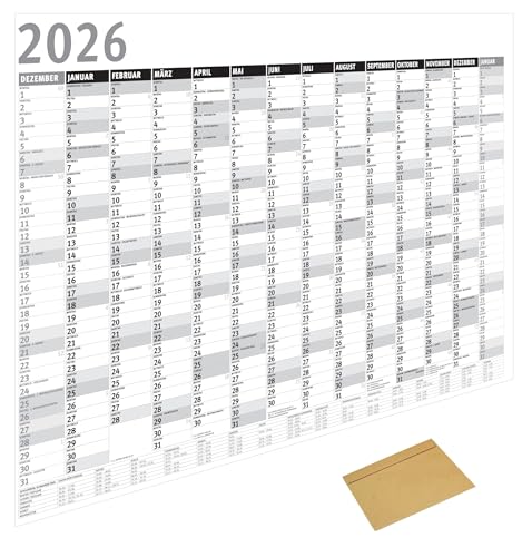 Din A1 Wandkalender für 2026, 14 Monate, Jahreskalender Monatsübersicht, (84,1 cm x 59,4 cm),Planer Termine, bspw. für Büro, Zuhause, Jahresplaner, Monatsplaner, Familienkalender, Kalender gefaltet