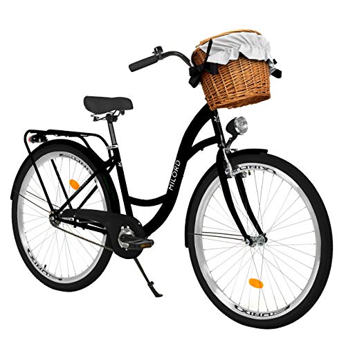 MILORD. 28 Zoll 1-Gang schwarz Komfort Fahrrad mit Korb und Rückenträger, Hollandrad, Damenfahrrad, Citybike, Cityrad, Retro, Vintage