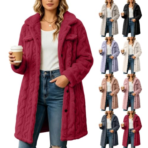 Wintermantel Damen Fleecejacke Revers Felljacke Jacquard mit Knöpfe