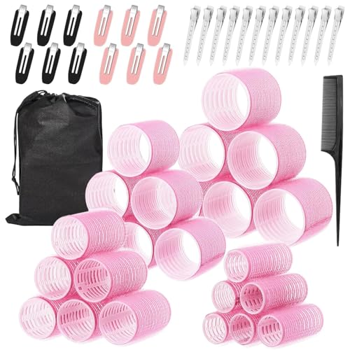 Lockenwickler Set 50 Stücke, 24 Stück 4 Größen (60/48/36/25mm) mit 24 Edelstahl-Clips, Lockenwickler Groß Selbsthaftend, Haarwickler, Hair Rollers with Clips für Lange, Mittlere & Kurze Haare