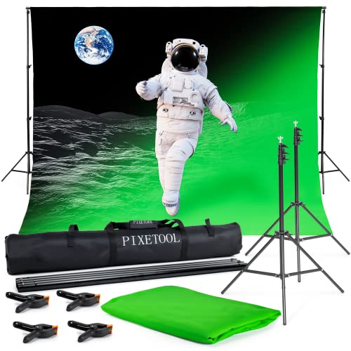 Pixetool - Greenscreen mit Ständer (3m x 3m) - Fotohintergrund - Fotostudio – Green Screen - Hintergrund Fotografie - Inklusive Ständer (2,6 x 3m) und 4 Klemmen