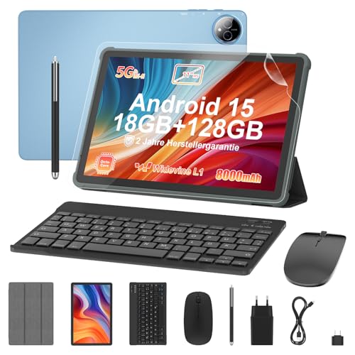Tablet 11 Zoll mit Tastatur: Android 15 8000mAh Octa-Core 18GB+128GB 2TB TF Tablet PC - WiFi 6 BT 5.2 1280*800 FHD+IPS 13MP+5MP Kamera mit Maus, Usb C, Adapter, Hülle, OTG-Adapter, Stift, Schutzfolie