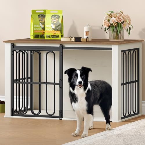 HEXCELEN Hundekäfig-Möbel aus Holz, 100 cm Hundebox für Zuhause, Hundekäfig mit 2 Türen, Schiebetüren, für Kleine, Mittlere Hunde, Robuster, Beistelltisch, 100 x 60 x 62,4 cm, Weiß Braun