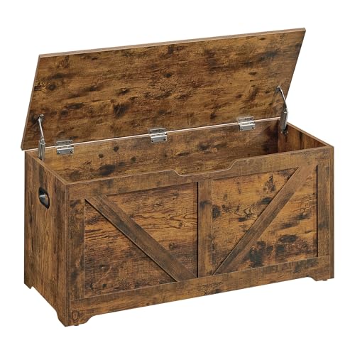 VASAGLE Schuhbank, Sitzbank mit Stauraum, Sitztruhe, 2 Sicherheitsscharniere, Aufbewahrungsschrank, Scheunenstil, 40 x 100 x 46 cm, für Flur, Schlafzimmer, Wohnzimmer, vintagebraun LSB060T01