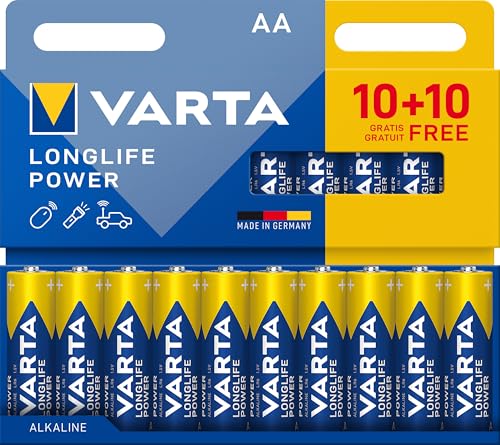 VARTA Batterien AA, 10+10 (20 Stück), Longlife Power, Alkaline, 1,5V, ideal für Spielzeug, Funkmaus, Taschenlampen, Verpackung zu 90% recycelt, Made in Germany