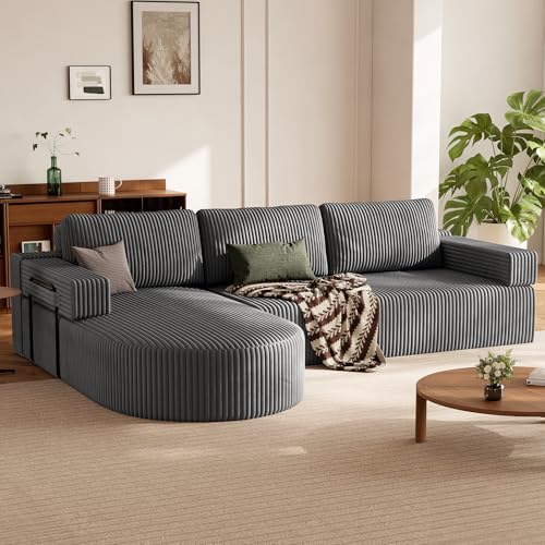 HOMRELEXA Ecksofa mit Schlaffunktion, Cord Schlafsofa L Form, Boneless Couch, Wohnlandschaft Schlafcouch mit 75cm Sitzfläche, Modulares Sofa Bed Sofabett mit Abgerundeter Chaise Longue, Grau