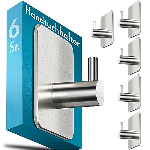 Menz Handtuchhalter ohne Bohren, 6 Stück - Edelstahl Badezimmer Handtuchhalter, wasserfeste Klebehaken, langlebige Haken fürs Bad, Haken selbstklebend, ideal als funktionale Handtuchhaken
