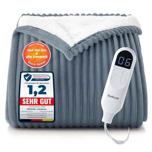 BEDSURE Heizdecke mit Abschaltautomatik 130x180cm - Wärmedecke mit 6 Heizstufen & 10 Stunden Timer, bis zu 8 Stunden Überhitzungsschutz, Elektrische Kuscheldecke für Home & Office, Gestreift Grau