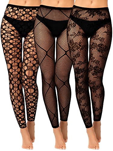 Jadive 3 Stück Damen Netzstrumpfhosen Schwarz Strumpfhose mit Hoher Taille Fußlose Gotisch Netzstrümpfe (Gemusterter Stil)