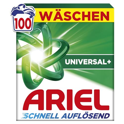 Ariel's schnell auflösendes Vollwaschmittel Pulver Universal+, 100, 100 Wäschen, Universal+, Fleck-weg-Power in 1 Wäsche, Sofortige Wirkung, selbst in kaltem Wasser