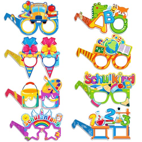 Gleemix 8 Stk Schulanfang Schulkind Brille, Einschulung Deko Fotobox Requisiten, Partybrille Papier Foto Requisiten für Schulanfang Deko, Einschulung Deko 2025, Back to School Photo Booth Requisiten