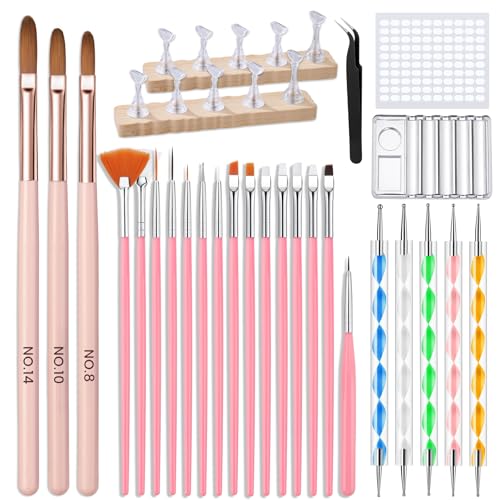 Yokilly Nagel Pinsel Set für Gelnägel: 39 Stück Nageldesign Werkzeugset Nail Art Kit With Display Nagel Ständer 2 IN 1 Palette Dotting Pen - Acryl UV Gel Pinsel Nagel Zubehör für Nägel Selber Machen