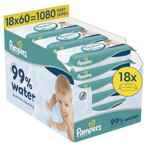 Pampers 99% Water Baby-Feuchttücher, 18 Packungen mit 60 Feuchttüchern = 1080 Baby-Feuchttücher, leichte Lotion mit 99% Wasser