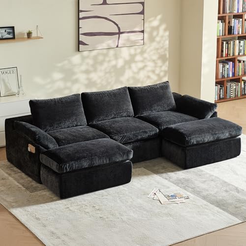 Vamcheer Ecksofa mit Schlaffunktion - 3 Sitzer Modulares Boneless Big Sofa XXL, Cloud Couch U Form für Wohnzimmer, Groß Schlafsofa, Moderne Schlafcouch, Eckcouch mit 3 Kissen, 275 x 153 cm, Schwarz