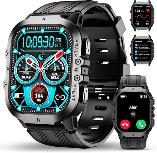 OUKITEL Smartwatch Herren Militär mit Telefonfunktion, 5ATM Wasserdicht Fitnessuhr mit Schlafmonitor, Robust Sportuhr 120+Sportmodi mit Blutdruckmessung/SPO2/Herzfrequenz, Touchscreen für iOS/Android