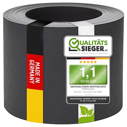 TerraUno Nachhaltige Sichtschutzstreifen für Doppelstabmatten, Polypropylen, Made in Germany, RAL 7016 Anthrazit, 26m x19cm Rolle, extra stabil, Lederoptik, Zaun Sichtschutz mit UV-Beständigkeit