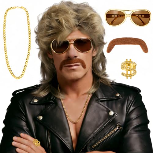 Vokuhila Perücke Herren - 80er 90er Jahre Outfit Hippie Perücke Blonde Herren für Karneval Kostüm, Faschingskostüme Männer, Mode Accessoires 5er Set Wigs mit Sonnenbrille, Schnurrbart, Halskette, Ring