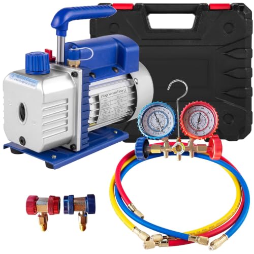 4 CFM Vakuumpumpe, 1/4 HP, einstufige Drehschieberpumpe, HVAC und Klimaanlagen-Kältemittel-Evakuierungsset mit Ölschauglas, Manometer-Set und 3 Schläuchen für die Kfz-Wartung