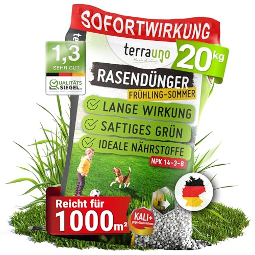 TerraUno Rasendünger Frühjahr/Sommer I Sofortwirkung für saftiges grün I 20 kg für 1000 m² I gesunder Rasen verdrängt Moos und Unkraut I NPK Dünger Rasen I Gegen Trockenstress I Für den Streuwagen