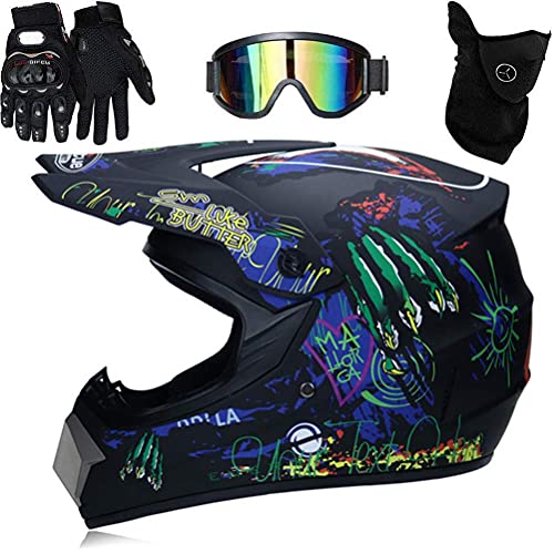 Bonbela Helm Professioneller Motocross Helm Kinder Erwachsene Motocross Dirt Bike Offroad Motorradhelm mit Schutzbrille Handschuhe Gesichtsbedeckung (S)