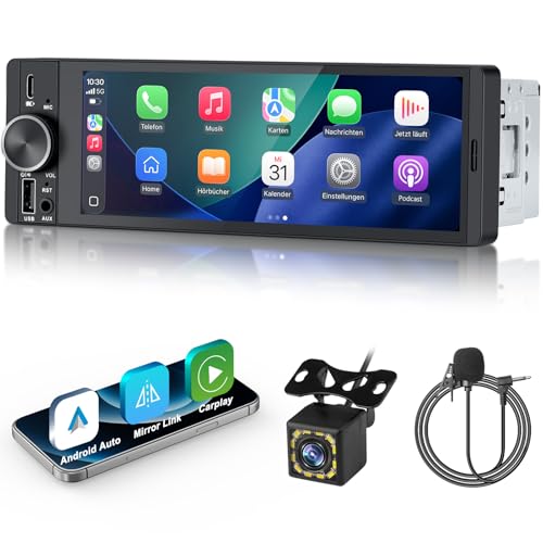 1 DIN Bluetooth Autoradio mit Bildschirm, Single DIN Auto Radio mit Wireless Apple CarPlay Android Auto Navi Rückfahrkamera FM Freisprecheinrichtung Lenkradsteuerung Mirror Link 6,9”Touch Display