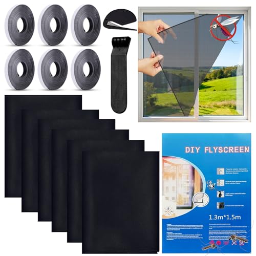 6 Stück Fliegengitter Fenster 130x150 Cm Zuschneidbares Moskitonetz Aus Polyester Mit Selbstklebendem Klettband, Waschbar Und Wiederverwendbar (6er-Packung schwarz)