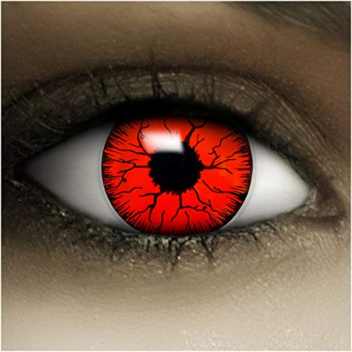 FXCONTACTS Jahreslinsen Rot DEVIL + Tattoos + Kontaktlinsenbehälter, 2 Stück (1 Paar) farbige Kontaktlinsen ohne Stärke, weich, ideal für Halloween, Cosplay, Karneval & Fasching