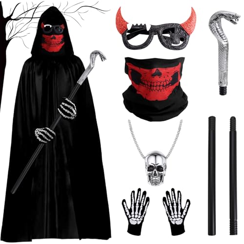 SummitEdge 6 Stück Teufel Kostüm Damen, Sensenmann Kostüm Herren, Karneval Halloween Kostüm Damen Gruselig Teufel Zepter Umhang mit Kapuze, Maske, Handschuhe, Brille für Halloween Karneval Cosplay