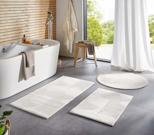 Taracarpet Badematte Homestyle rutschfest waschbar Badezimmerteppich Bad-Vorleger, WC Deko, Duschvorleger für Dusche und Badewannen sehr weich und kombinierbar Creme Wellen 050x080 cm
