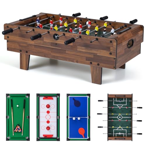 COSTWAY 4 in 1 Spieltisch, Tischkicker & Billard & Air Hockey & Tischtennis, Multifunktionstisch aus Holz, Tischfußball für Spielzimmer, Bars, Kickertisch für Kinder, Erwachsene (Rustikales Braun)