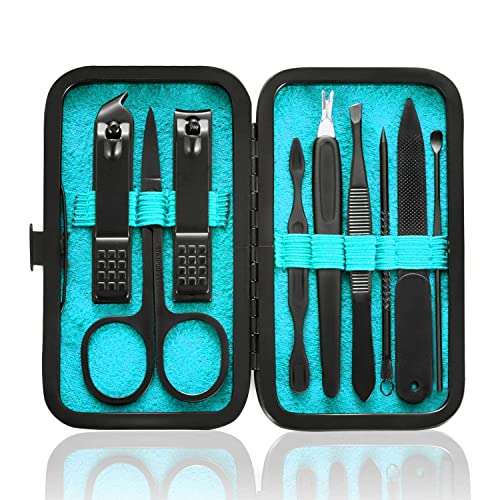 HANTEKAS Maniküre-Set, 9-in-1, Edelstahl, Nagelknipser, Schere, Pediküre-Werkzeug-Set, tragbares Reise-Pflege-Set für Männer und Frauen, mit schwarz/blauer Ledertasche (blau)