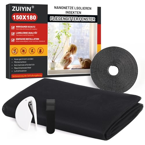 ZUIYIN Fliegengitter für Fenster - 150x180cm - Ohne Bohren Insektenschutz Fenster Zuschneidbar mit Starker Klettband Fliegennetz & Mückennetz für Fenster