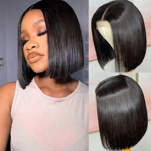 DUAUJUIU Short Bob Wig Perücke Echthaar Human Hair 13x4 Lace Frontal Wig Bob Wigs Perücke Natur Schwarz Transparent Lace Pre Plucked with Baby Hair 8 Zoll