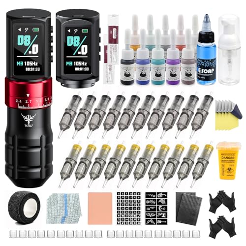 Drahtlose Maschine Set Rotation Stift mit 2300mAh Batterie 7 Einstellbareubhöhen 20 Stück Nadeln 10 Tintenflaschen komplett Zubehör für Künstler TATELF