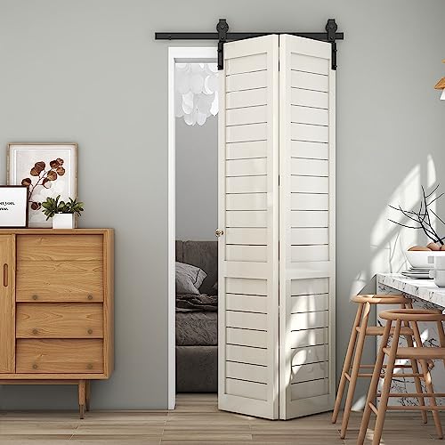 TSMST 76.3cm/2.5ft Bi-Falte Schiebetürsystem Komplett-Set, Platzsparende Scheunentür Spur Set für 2 Türen,Grundlegender Stil, Glatt und Ruhig (keine Tür)