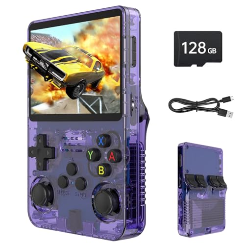 Febotak R36S Retro-Handheld-Spielkonsole, 3,5-Zoll-IPS-Bildschirm, 128 GB Speicher, über 40.000 Spiele, basierend auf LINXU Open Source ARKOS, 3500-mAh-Akku (Lila)