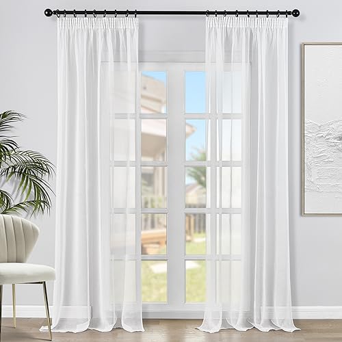Topfinel Voile Gardinen Vorhänge mit Kräuselband in Leinen-Optik Transparent für Wohnzimmer Schlafzimmer Fenster Einfarbige Weiß 2er Set 140x245cm (BxH)